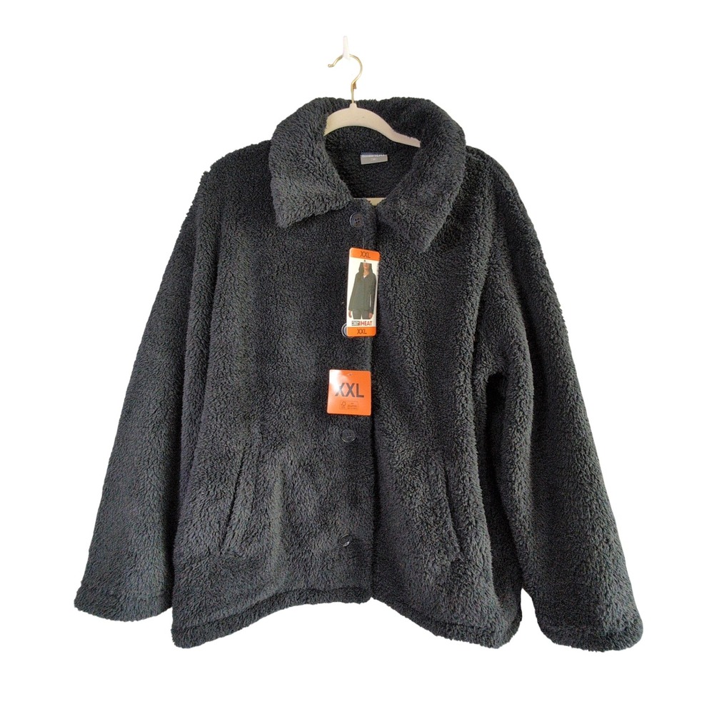 32 Degrees Heat Jacket Womens XXL Navy Blue Fleece Sherpa Button Front NEW